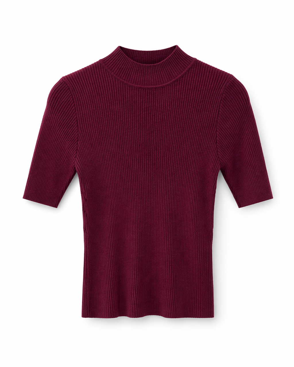 Blusa de tricô vinho com gola alta canelada e bainha reta