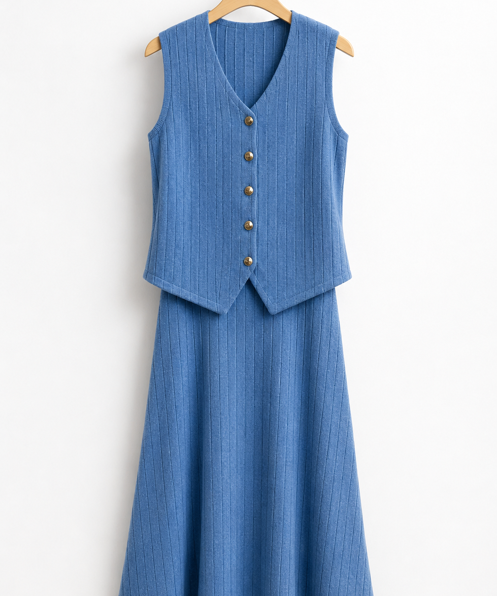 Conjunto azul com saia longa e colete sem mangas abotoado com botões dourados