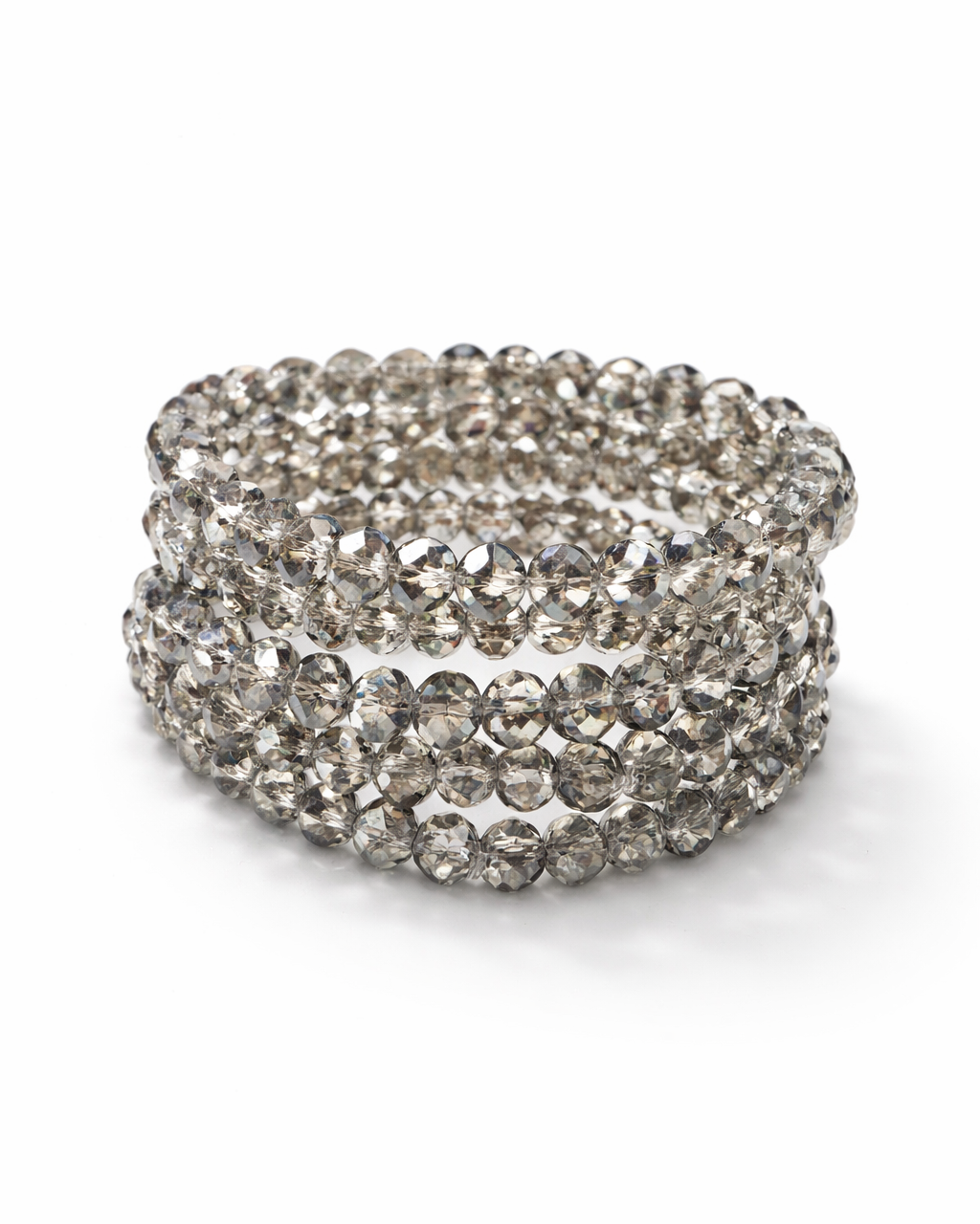 Pulseira larga de strass prateado, três fileiras de pedras brilhantes
