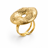 Anel dourado oval com furo central e aro duplo