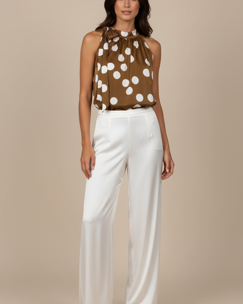 Blusa regata marrom com poá creme, gola alta e caimento confortável