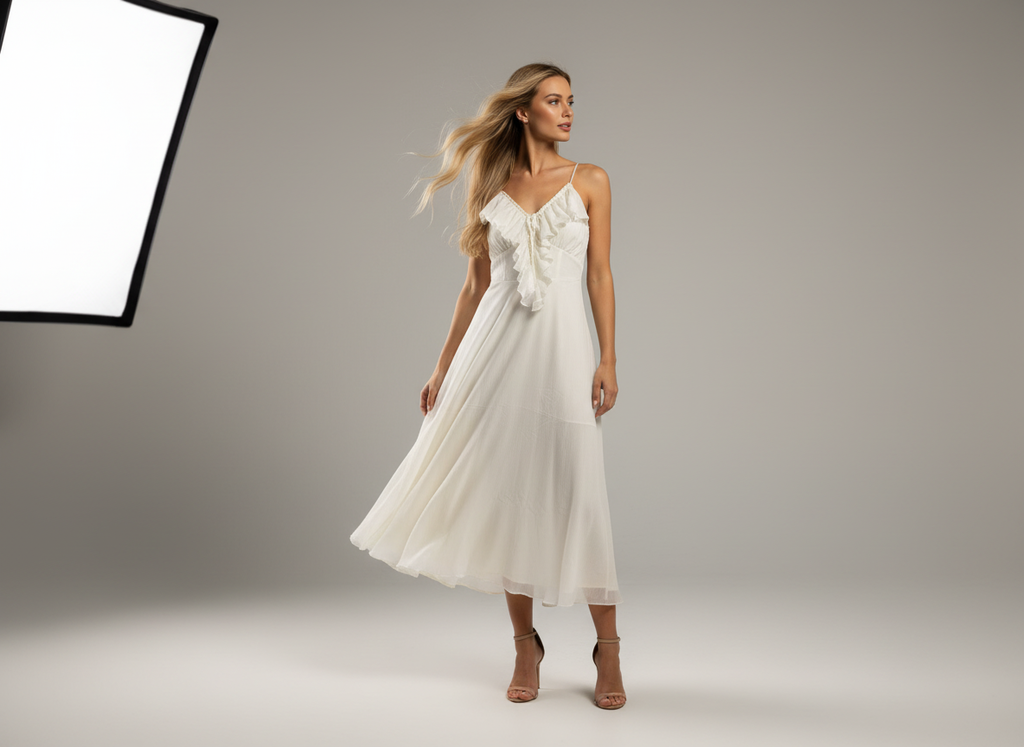 Vestido midi creme com alças finas e babados no decote