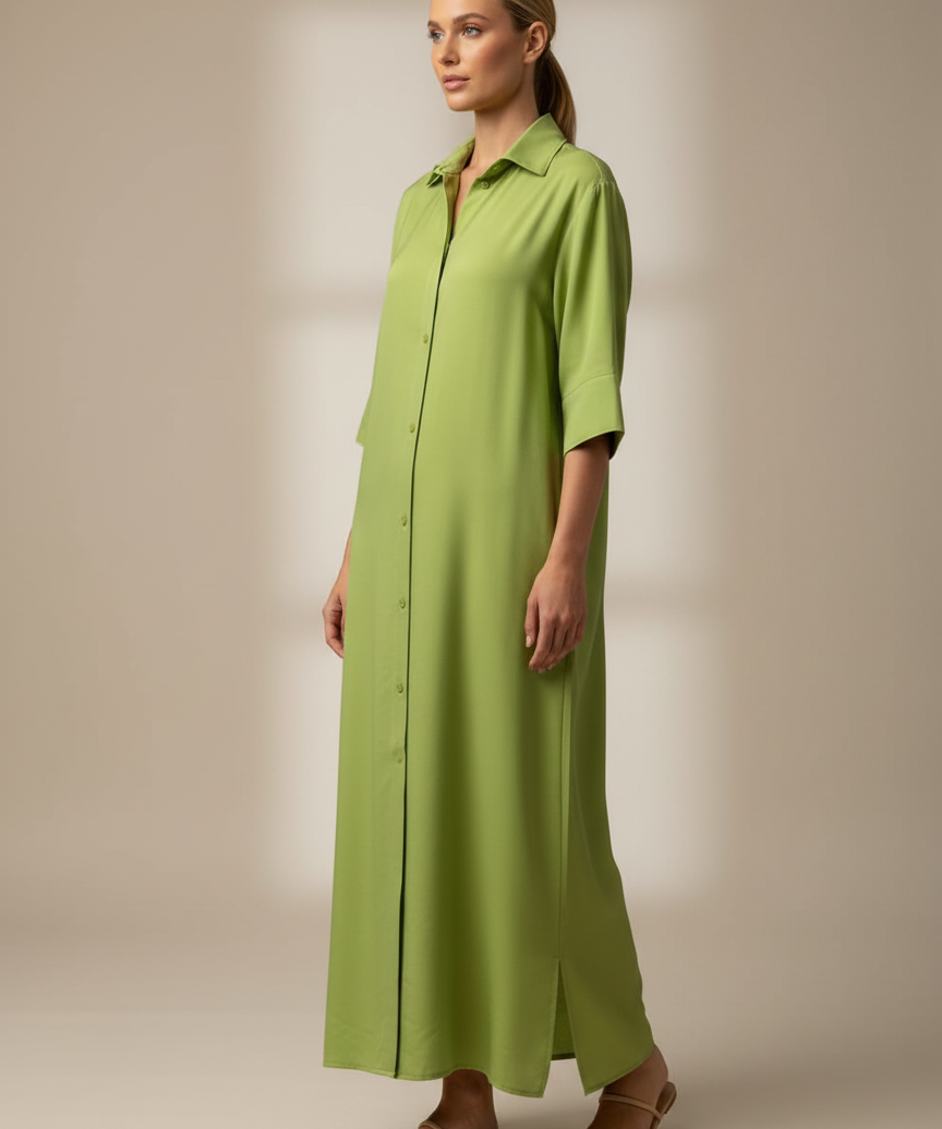 Camisa Majo longa verde, gola aberta e botões, mangas 3/4