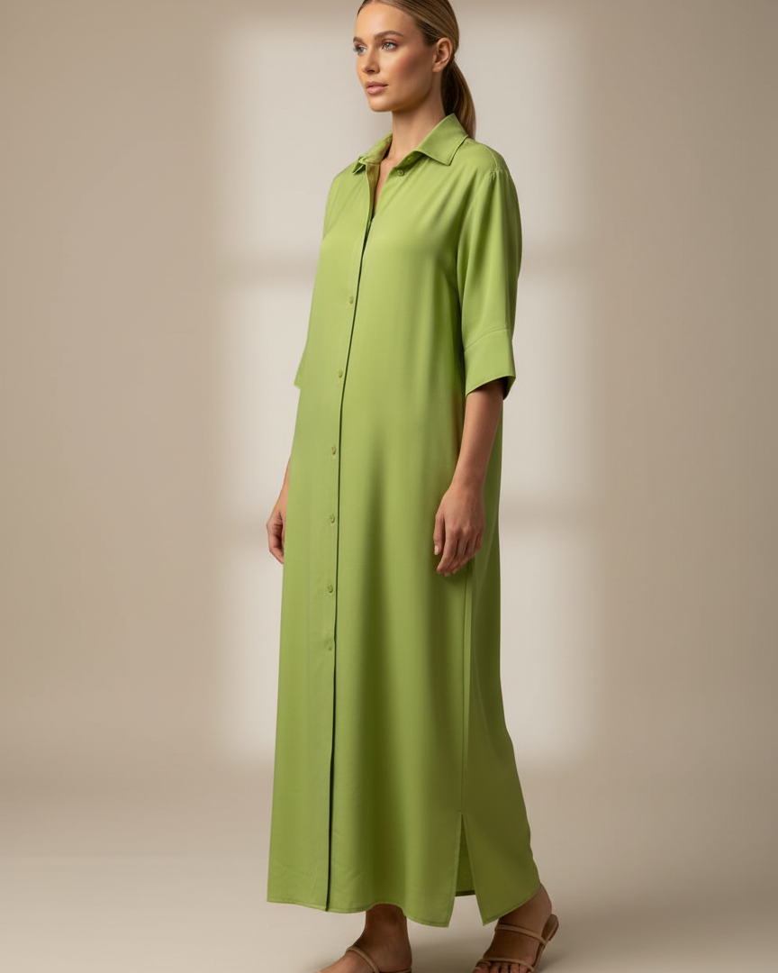 Camisa Majo longa verde, gola aberta e botões, mangas 3/4