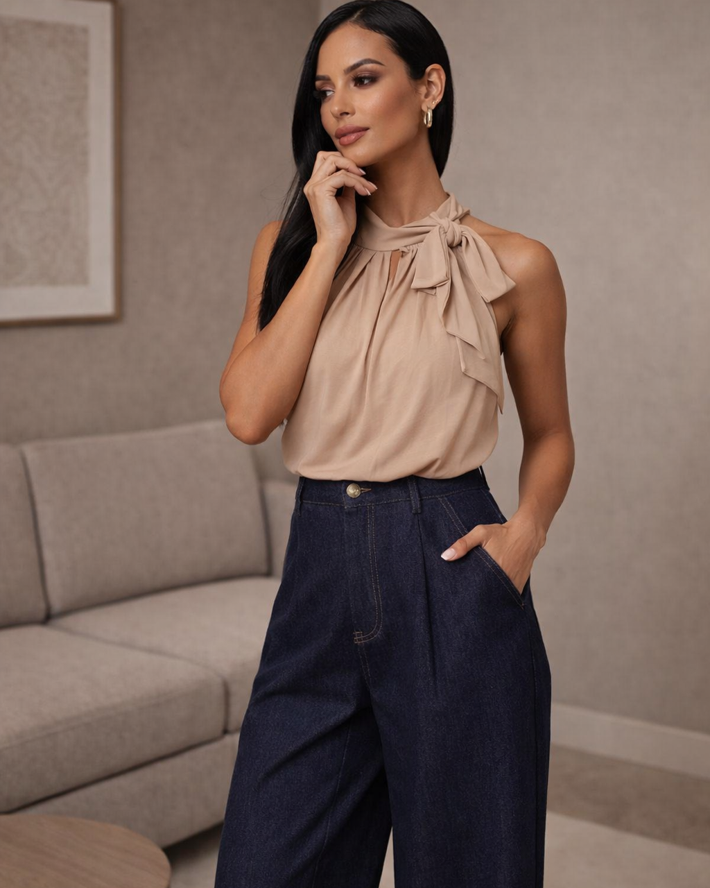 Calça jeans azul escuro Viviana de perna ampla, cintura alta, com bolsos frontais