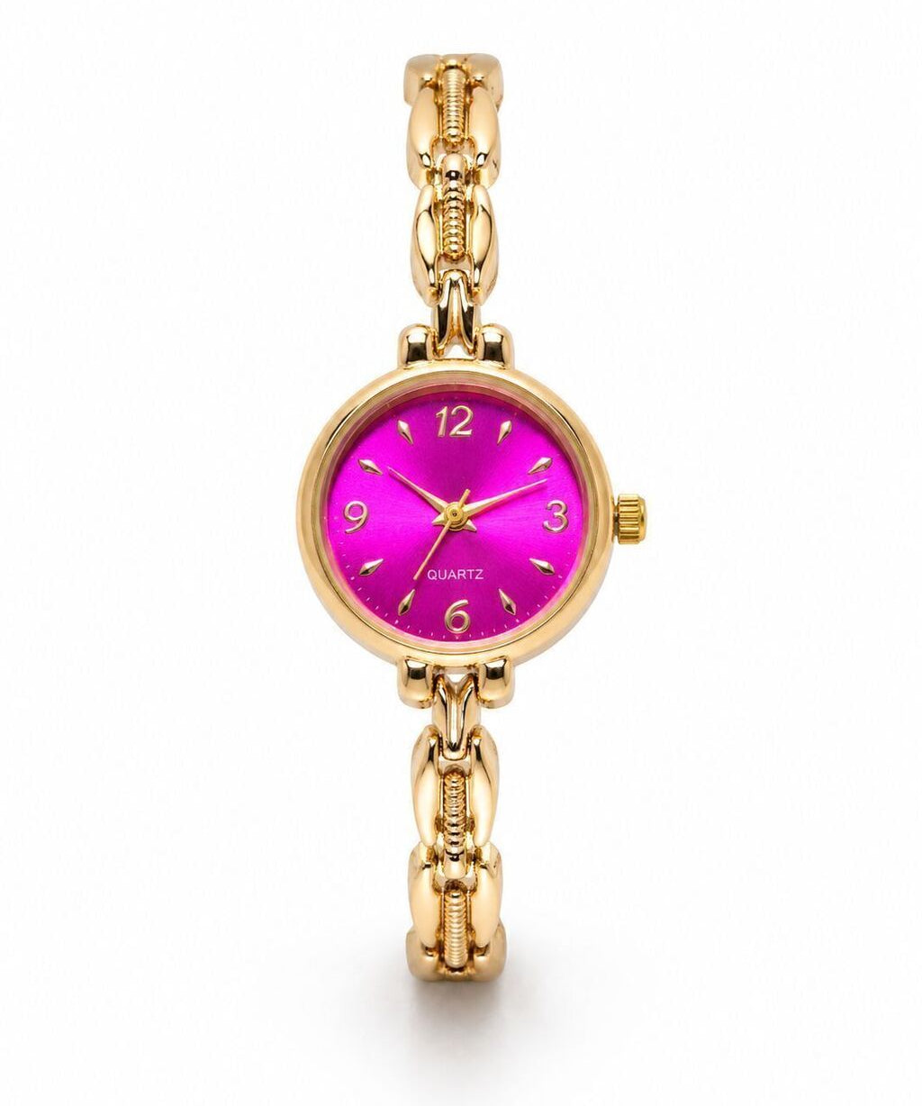 Relógio Lina dourado com mostrador roxo e pulseira de corrente