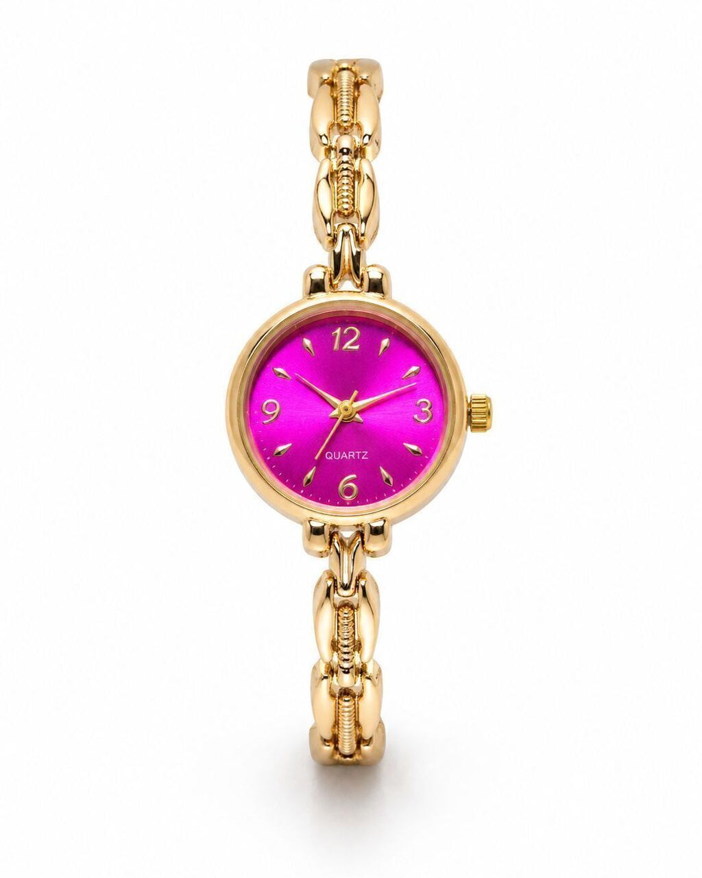 Relógio Lina dourado com mostrador roxo e pulseira de corrente