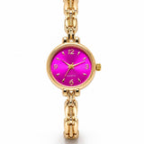 Relógio Lina dourado com mostrador roxo e pulseira de corrente