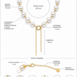 Infográfico do colar de pérolas: correntes douradas e fecho traseiro