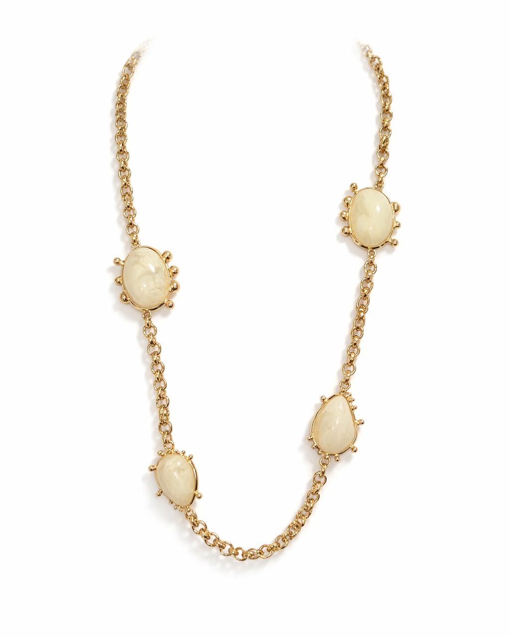 Colar longo dourado com elos e três pingentes redondos opal branco
