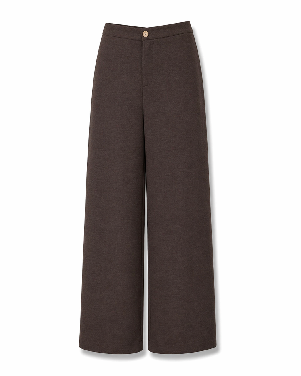 Calça Aurora marrom de perna bem larga, cintura alta com botão dourado e barra longa