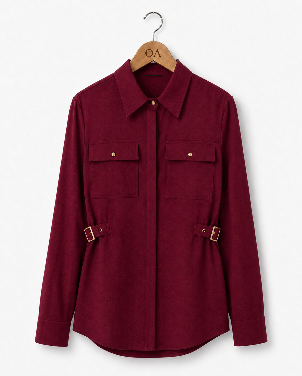 Camisa/casaco Lídia vinho com botões frontais e gola; punhos ajustáveis com fivelas
