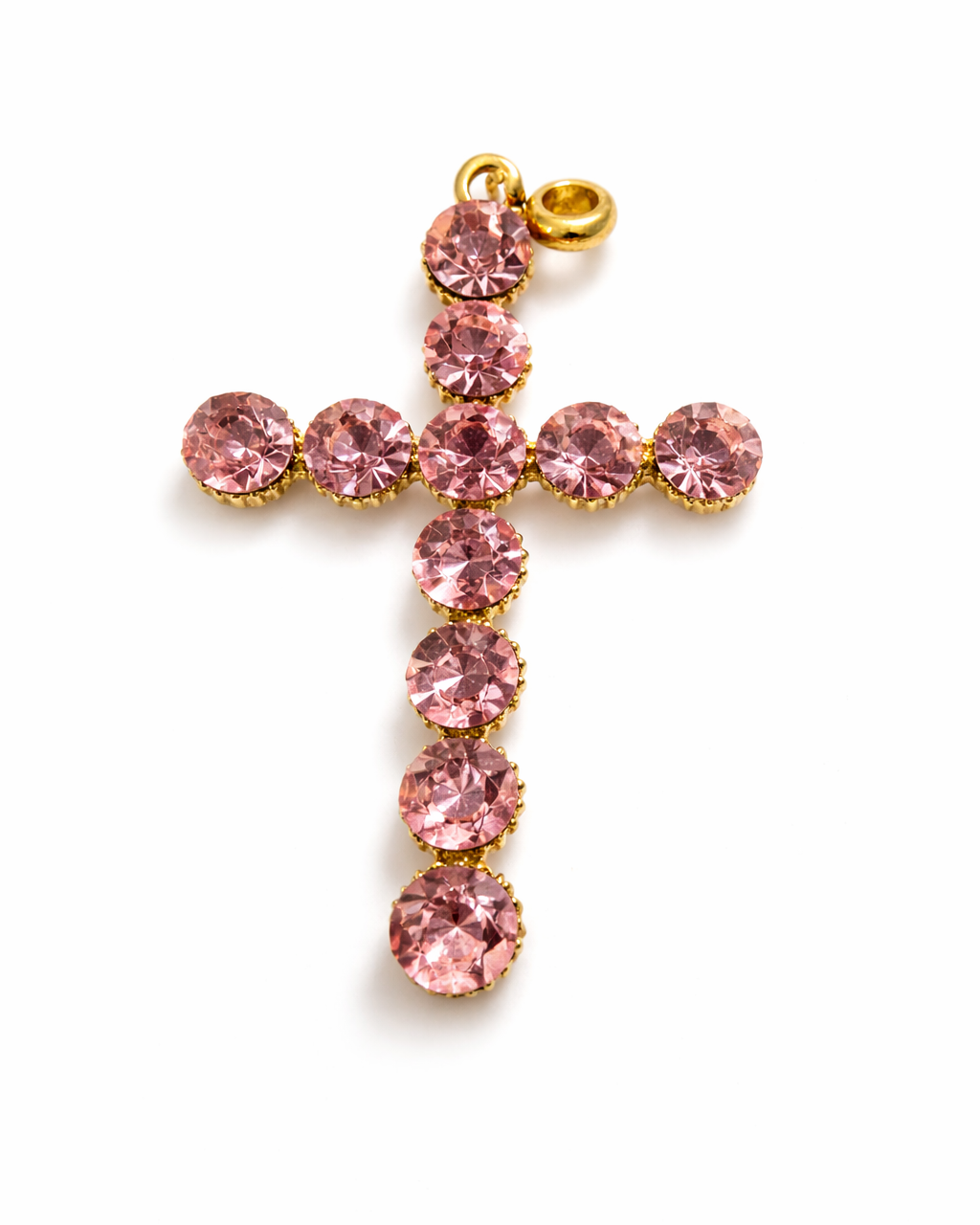 Pingente cruz com strass rosa e argolinha dourada