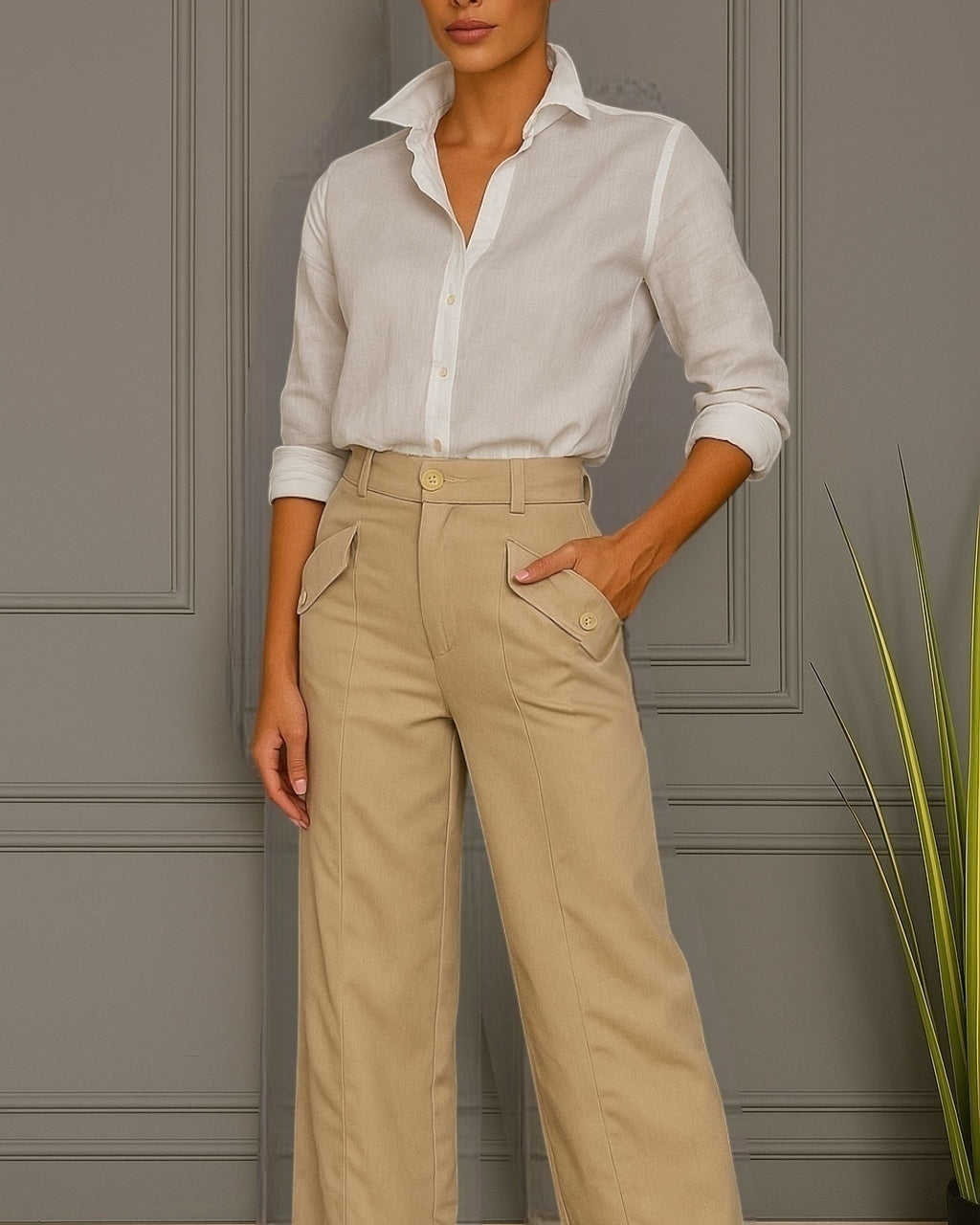 Calça cáqui reta com bolsos e botão frontal