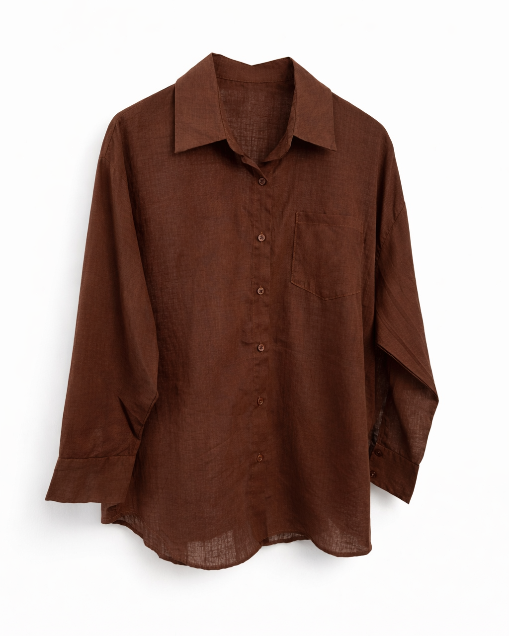 Camisa Maria Carolina marrom, manga longa, abotoamento frontal e bolso