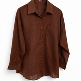 Camisa Maria Carolina marrom, manga longa, abotoamento frontal e bolso