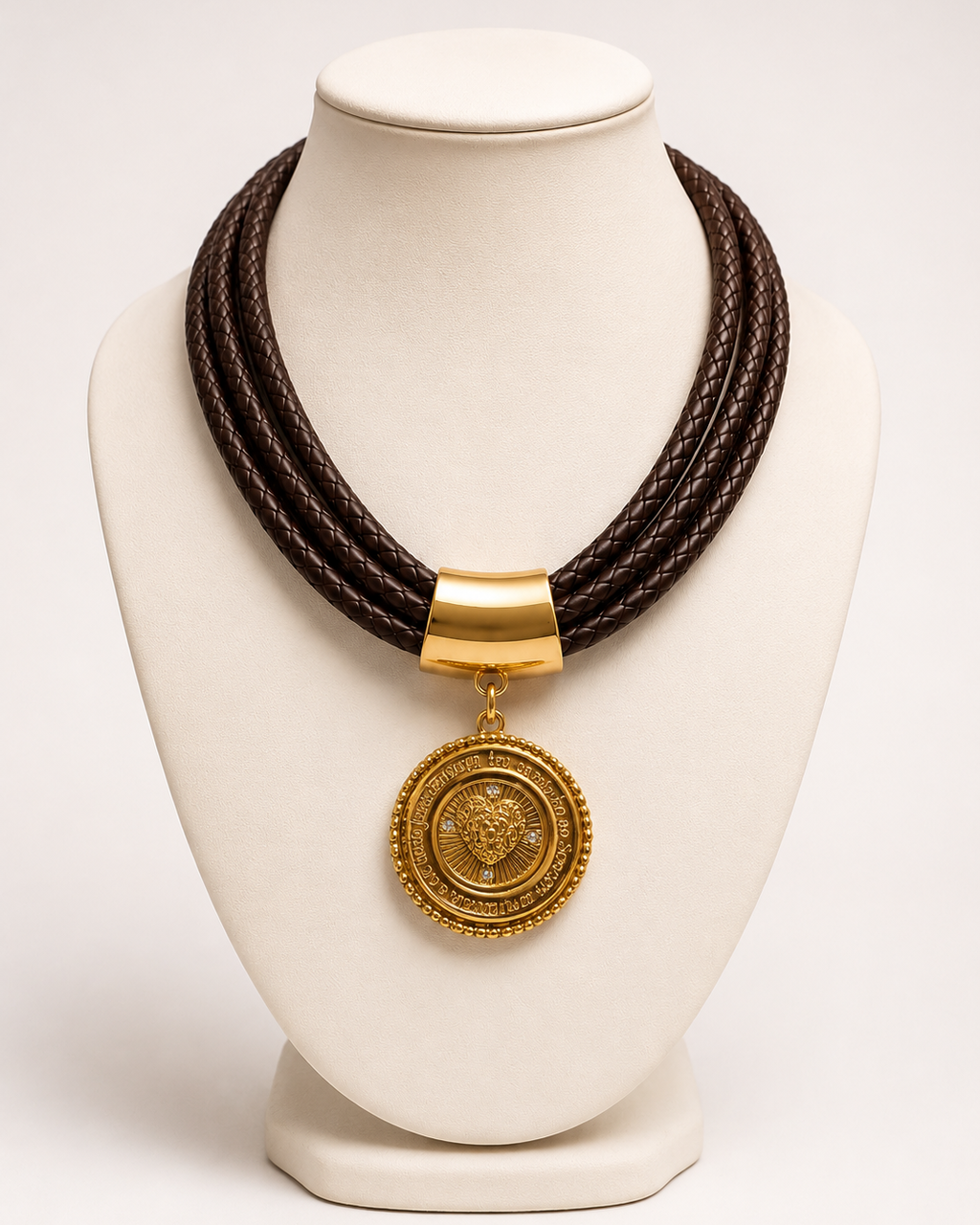 Colar Trevis Gold com cordão trançado escuro e pingente circular com brasão dourado
