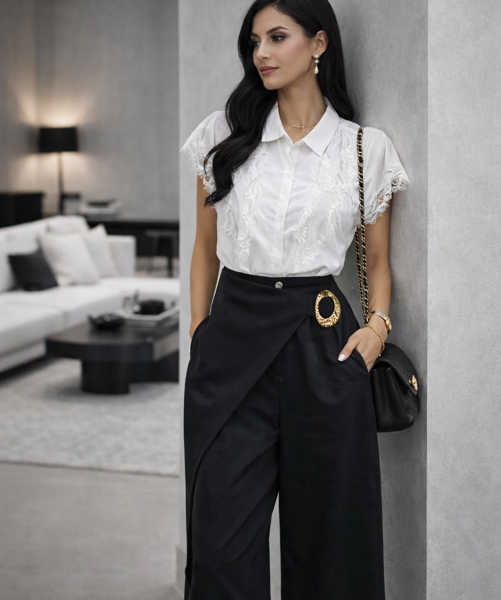 Calça pantalona preta com faixa transpassada e argola dourada oval