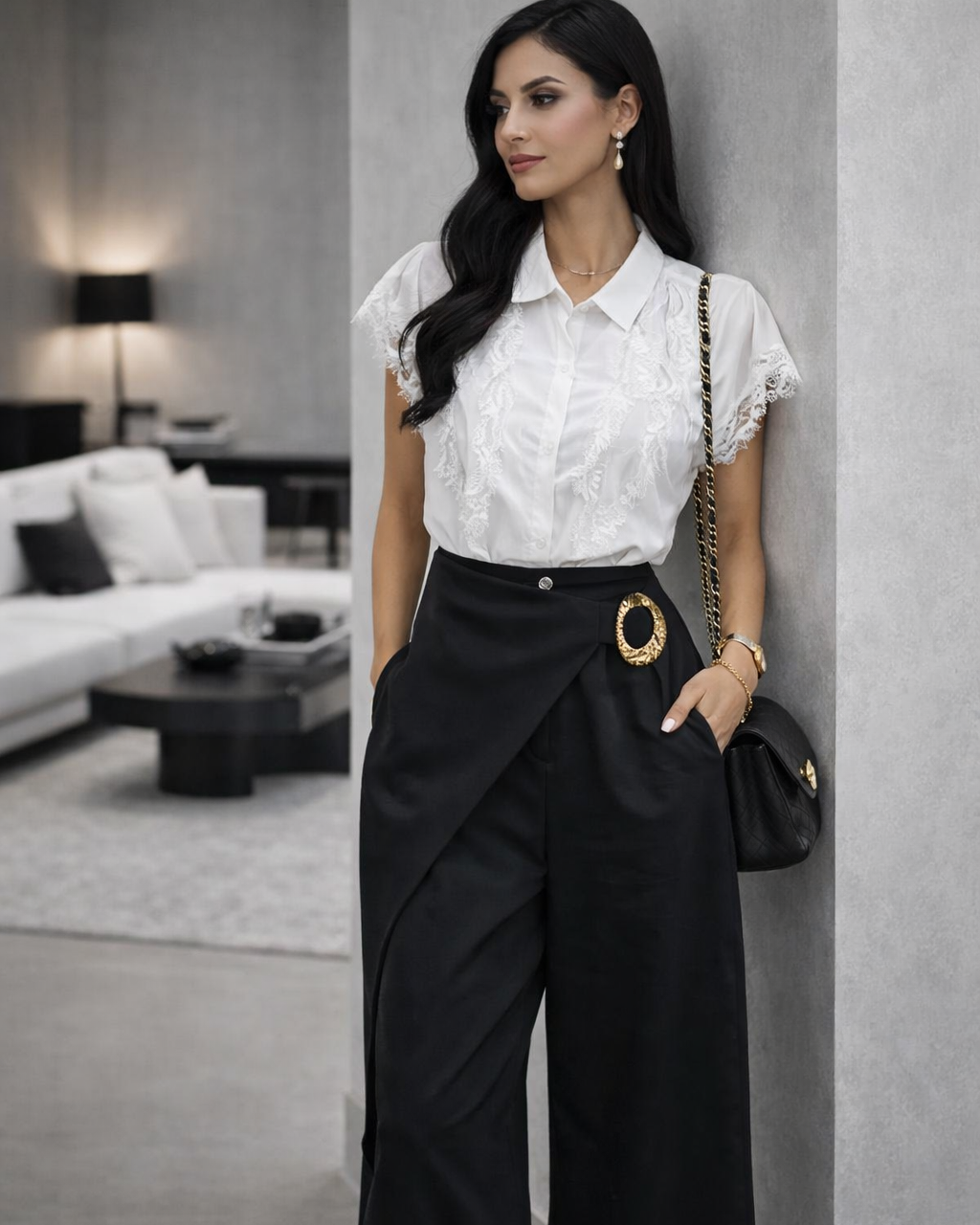 Calça pantalona preta com detalhe transpassado e argola dourada na cintura