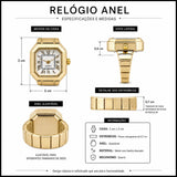 Anel relógio dourado ajustável, vista lateral e frontal com mostrador romanos