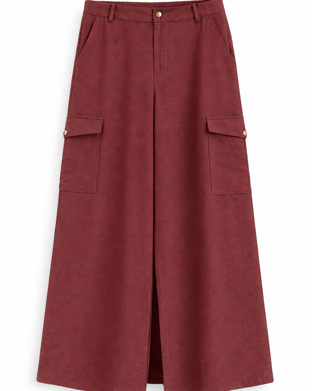 Calça cargo vinho com caimento amplo, costuras frontais e bolsos utilitários