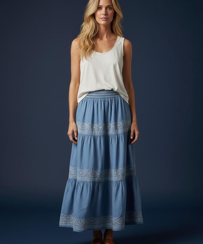 Vestido Saia Evita jeans claro com regata clara e saia longa azul com babados