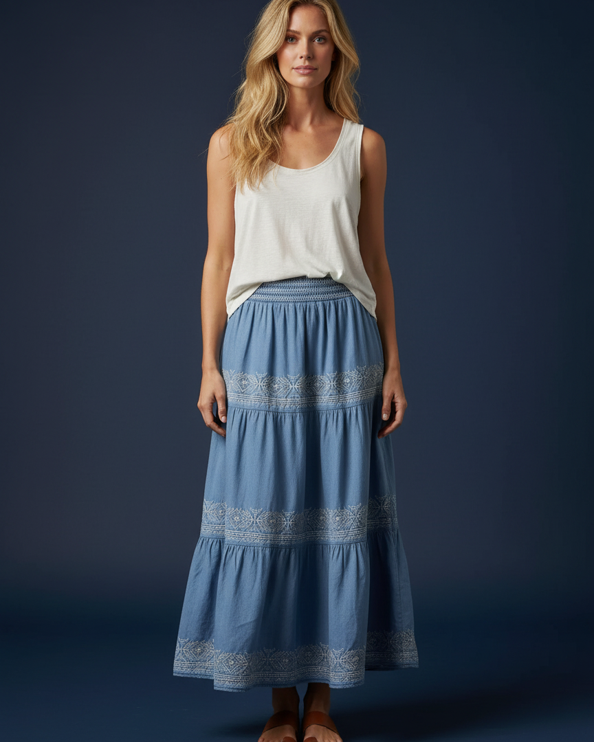 Vestido Saia Evita jeans claro com regata clara e saia longa azul com babados