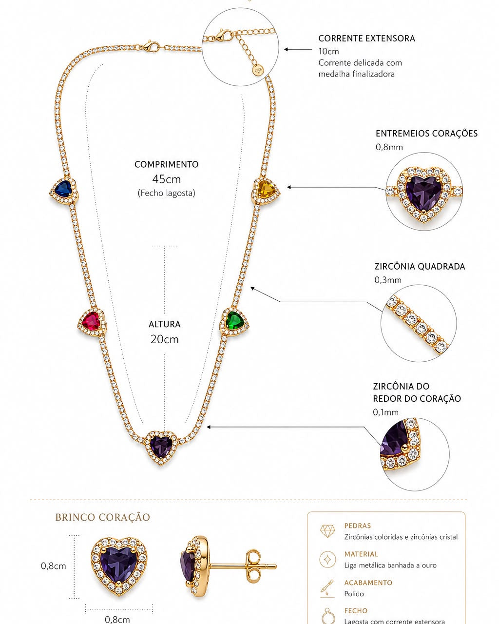 Infográfico do conjunto colar e brinco: medidas e corações com pedras coloridas