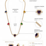 Infográfico do conjunto colar e brinco: medidas e corações com pedras coloridas