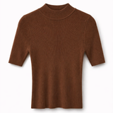 Blusa de tricô marrom de gola alta canelada e tecido canelado