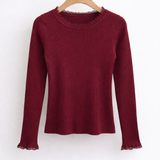 Blusa marsala de malha manga longa com punhos rendados e gola canelada