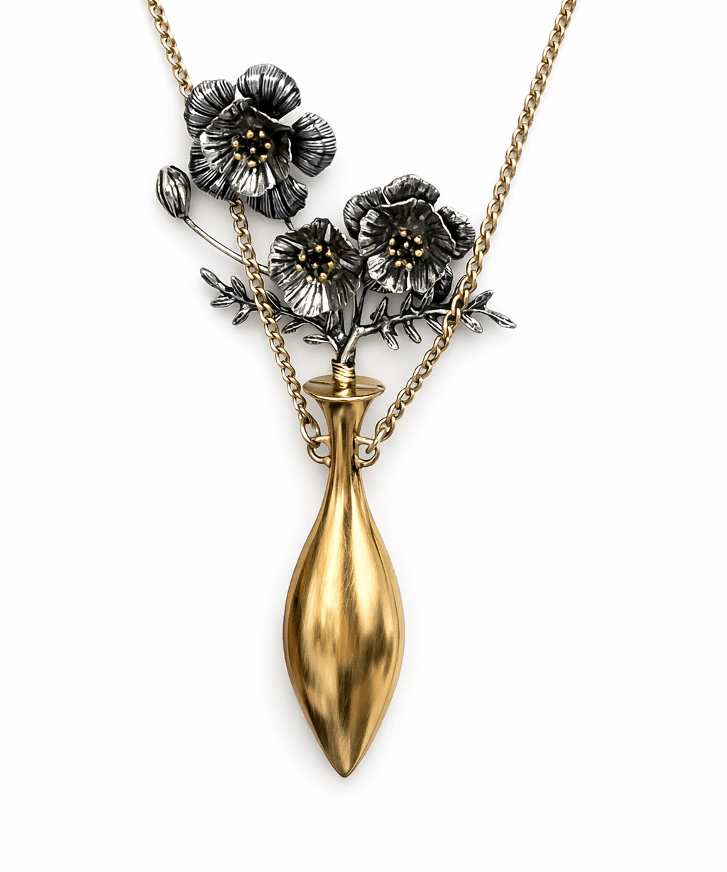 Colar Rosario dourado com pingente em gota e trio de flores escuras detalhadas