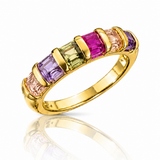 Aliança dourada com zircônias coloridas em faixa (roxo, verde e rosa)