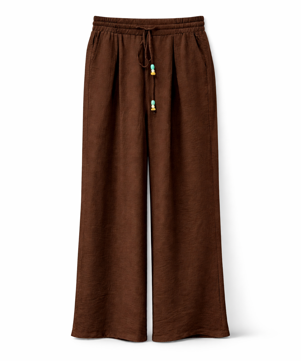 Calça Suzana café com cordão frontal e modelagem ampla