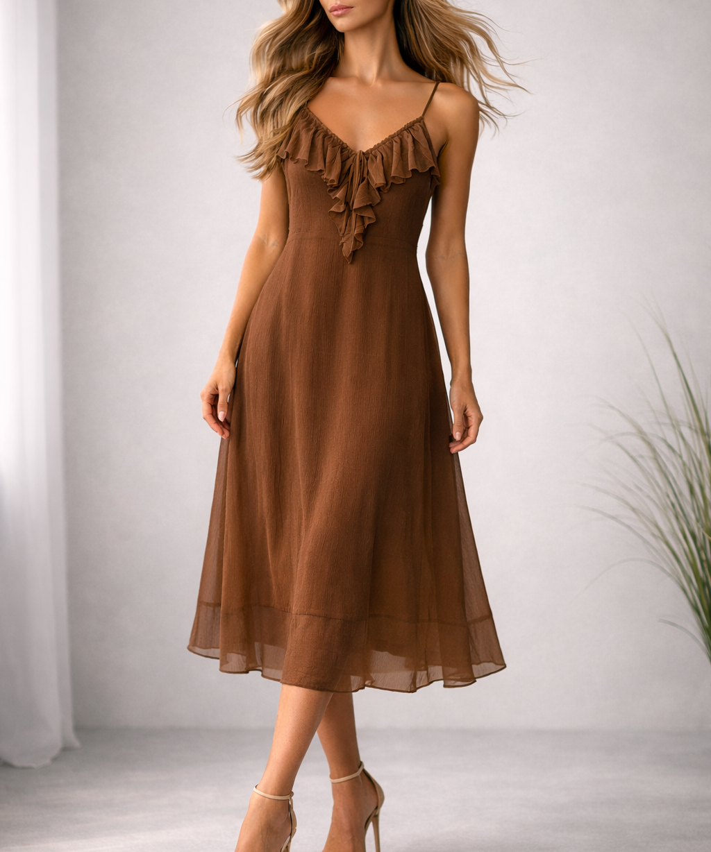 Vestido midi marrom com alças finas e babados no decote