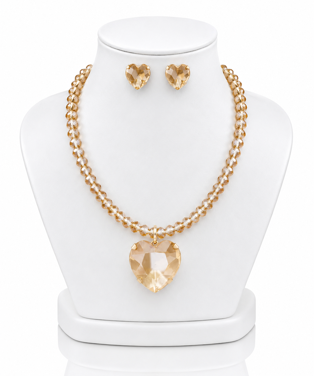 Conjunto colar com pedras douradas e pingente coração dourado, brinco coração dourado