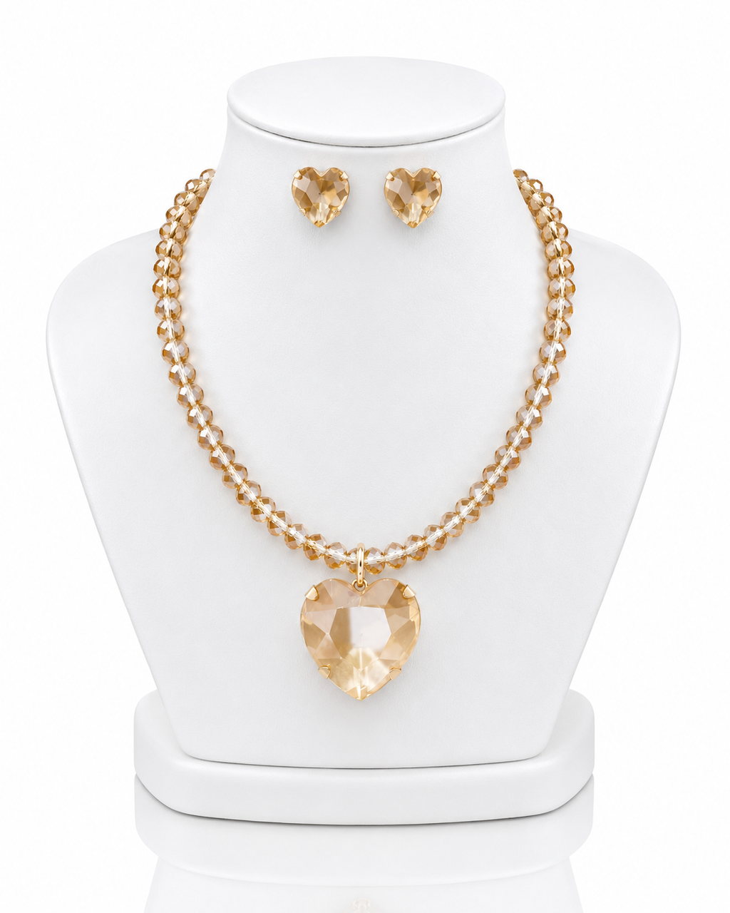 Conjunto colar com pedras douradas e pingente coração dourado, brinco coração dourado