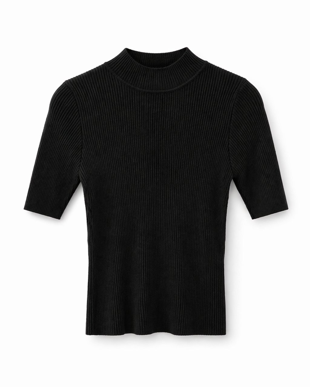 Blusa de tricô canelado preta com gola alta e mangas curtas