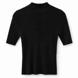 Blusa de tricô canelado preta com gola alta e mangas curtas