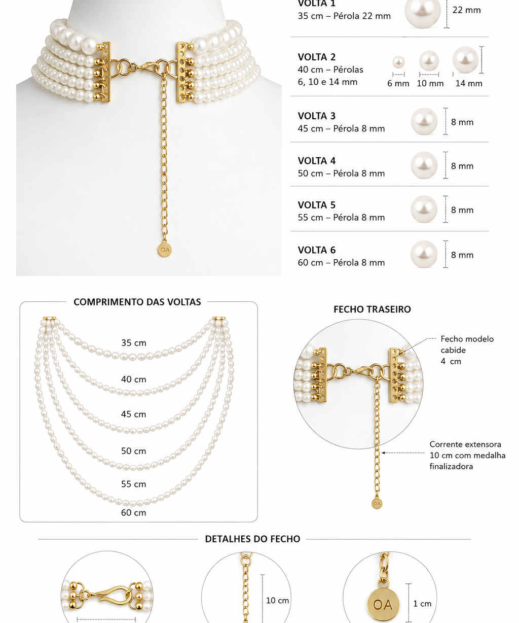 Colar Megan com voltas de pérolas e fecho dourado, pingente pendente