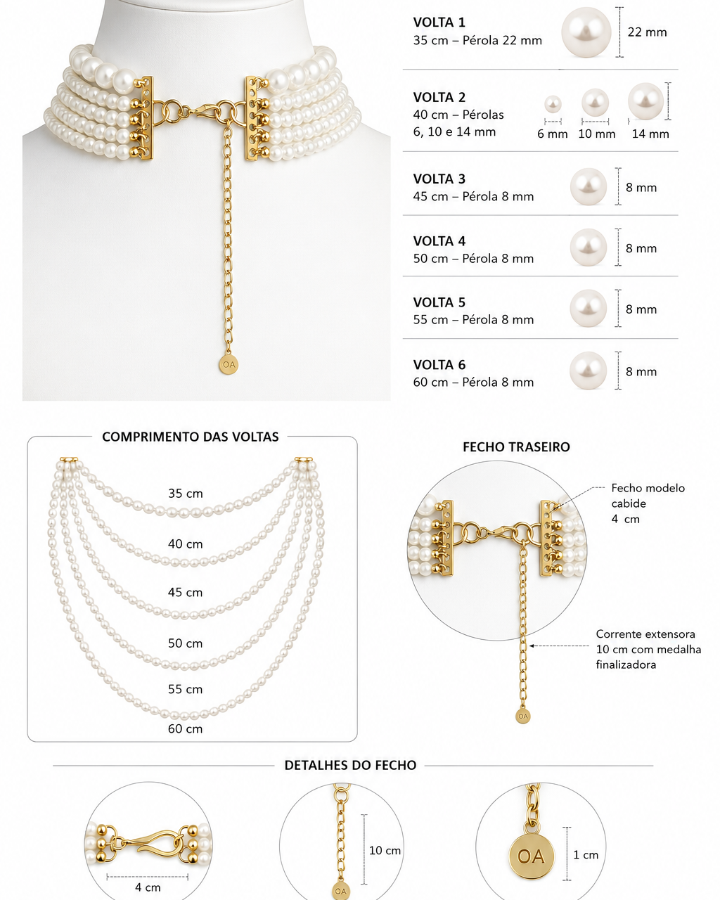 Colar Megan com voltas de pérolas e fecho dourado, pingente pendente