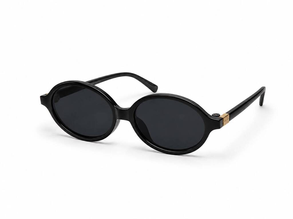 Óculos escuros pretos com lentes ovais e armação fina, detalhe dourado nas hastes
