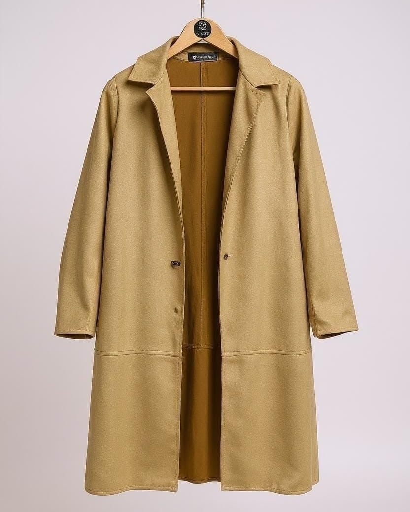 Casaco caramelo longo com gola blazer e botões frontais, manga 3/4