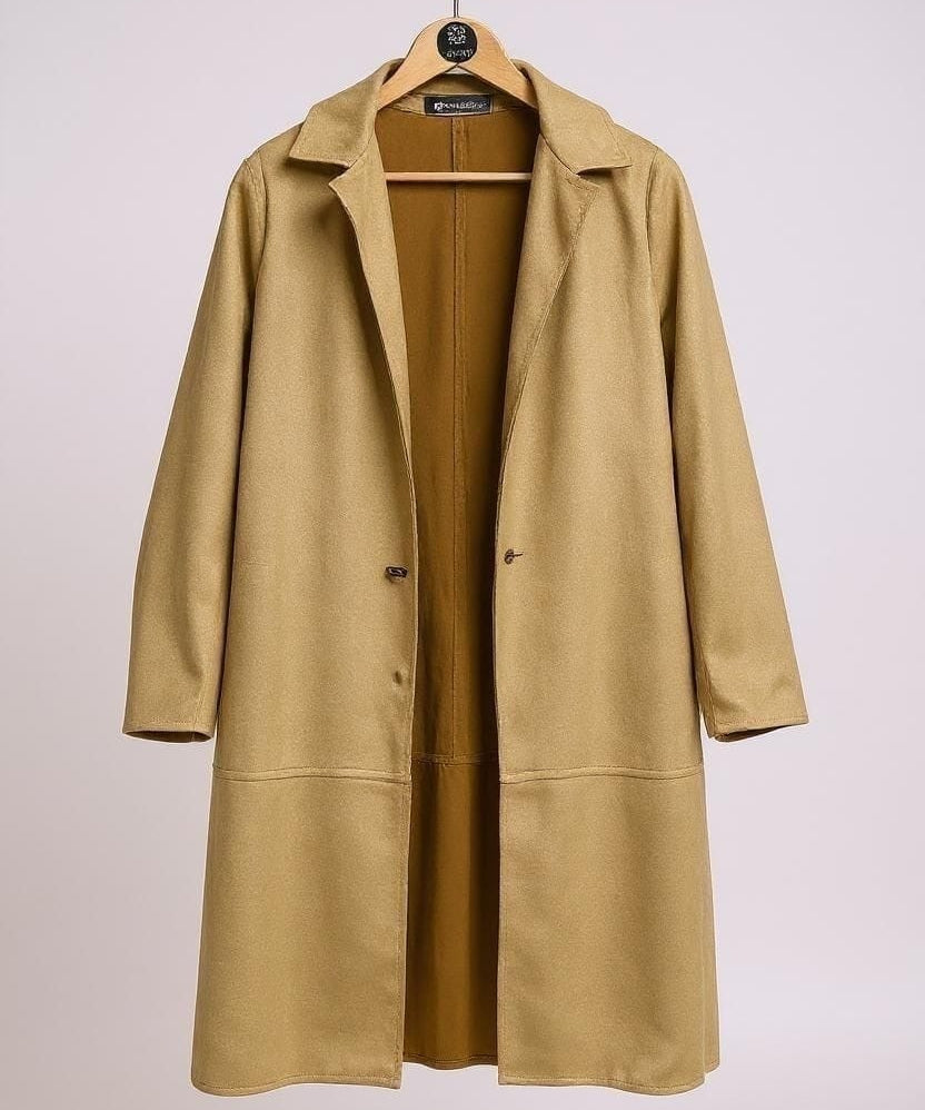 Casaco caramelo longo com gola blazer e botões frontais, manga 3/4
