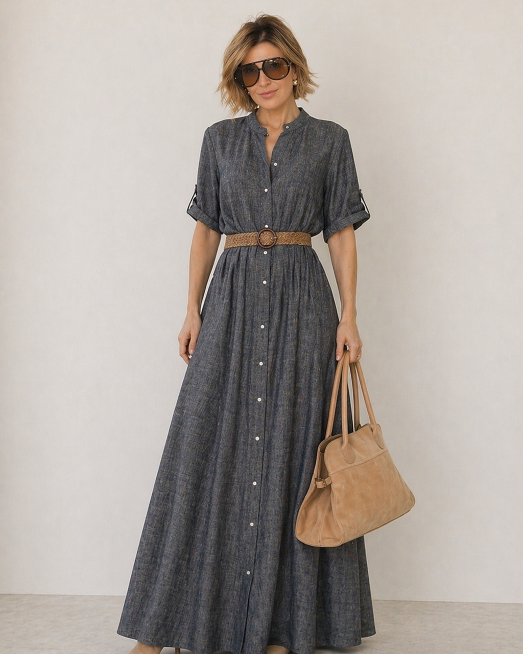 Vestido chemise azul mescla com botões, mangas curtas e faixa na cintura
