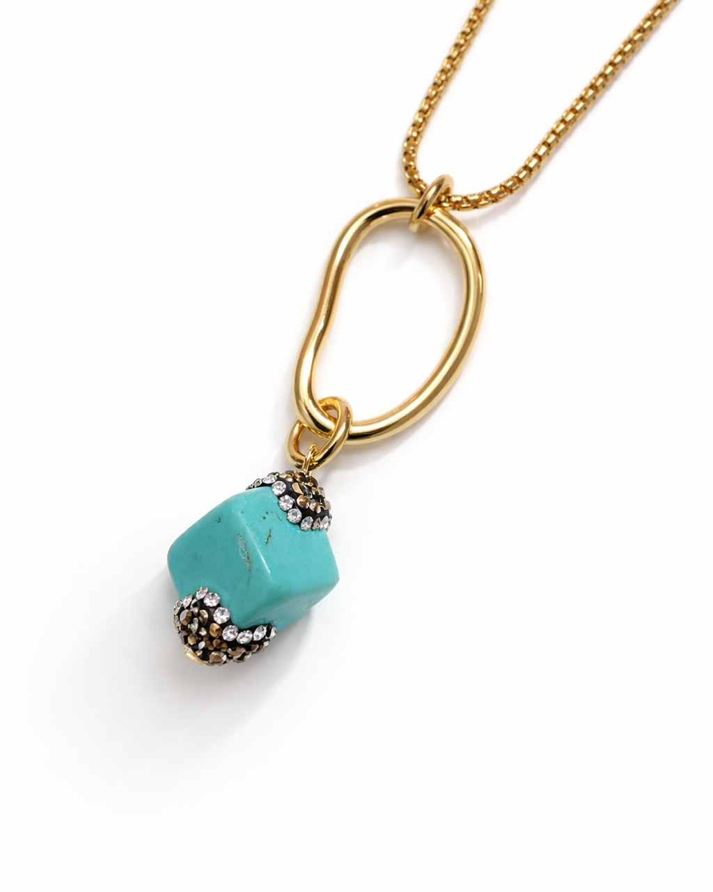 Colar dourado com pingente turquesa geométrico e detalhes com strass