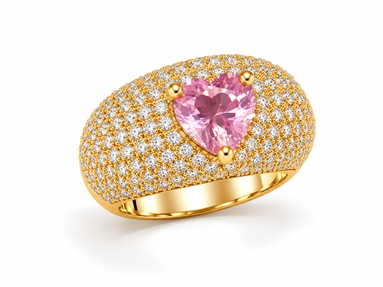 Anel Love glam dourado com pedra rosa-claro em formato de coração e pavê de cristais