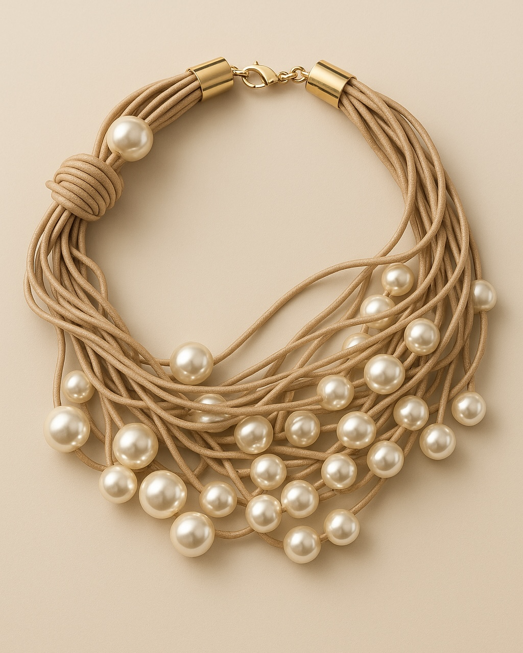Colar de cordão bege com pérolas brancas e fecho dourado