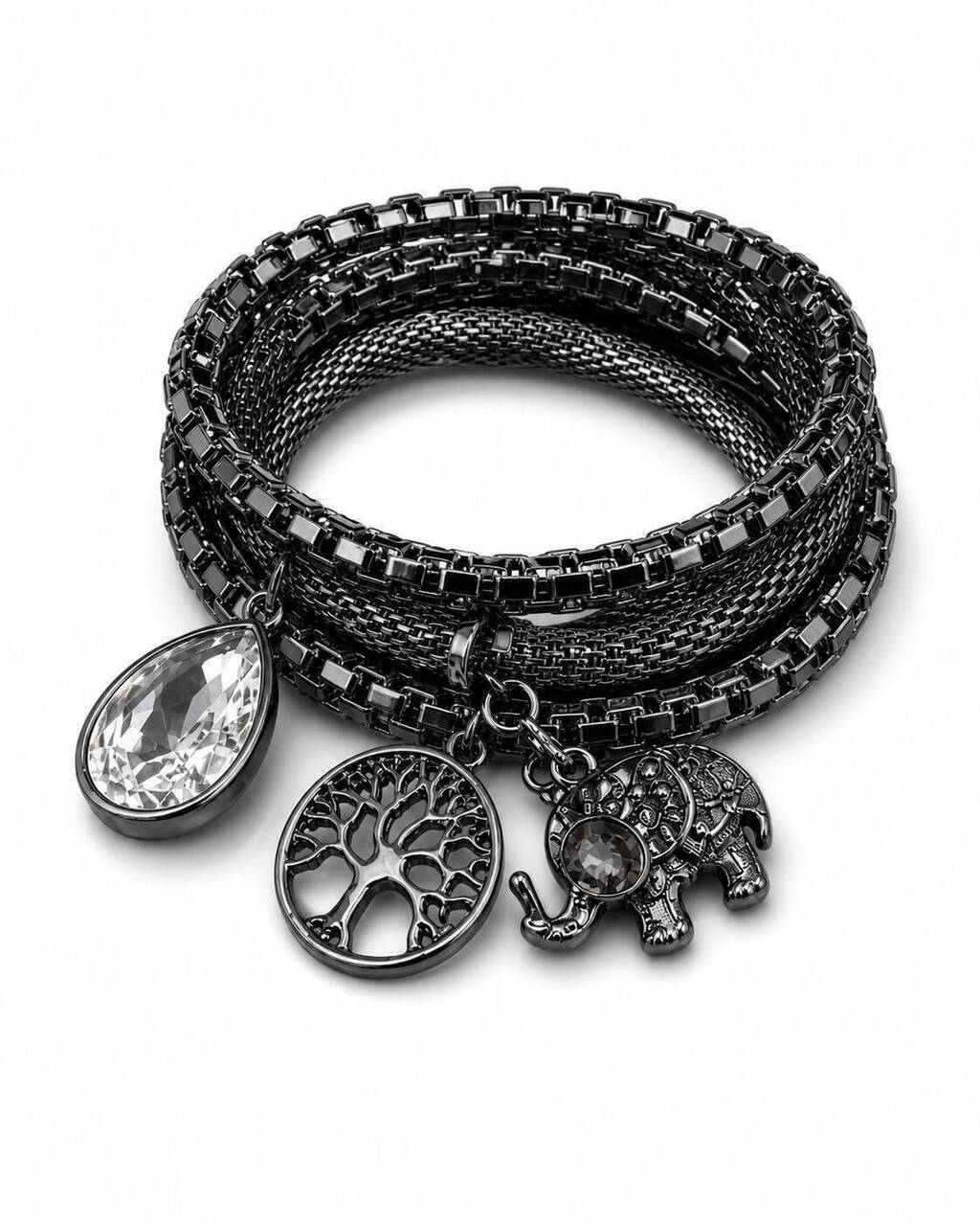 Pulseira trio com corrente preta e pingentes elefante, árvore e cristal oval transparente