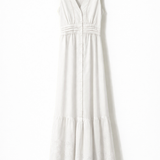 Vestido longo off-white sem mangas, decote V com botões e saia rodada com babado na barra